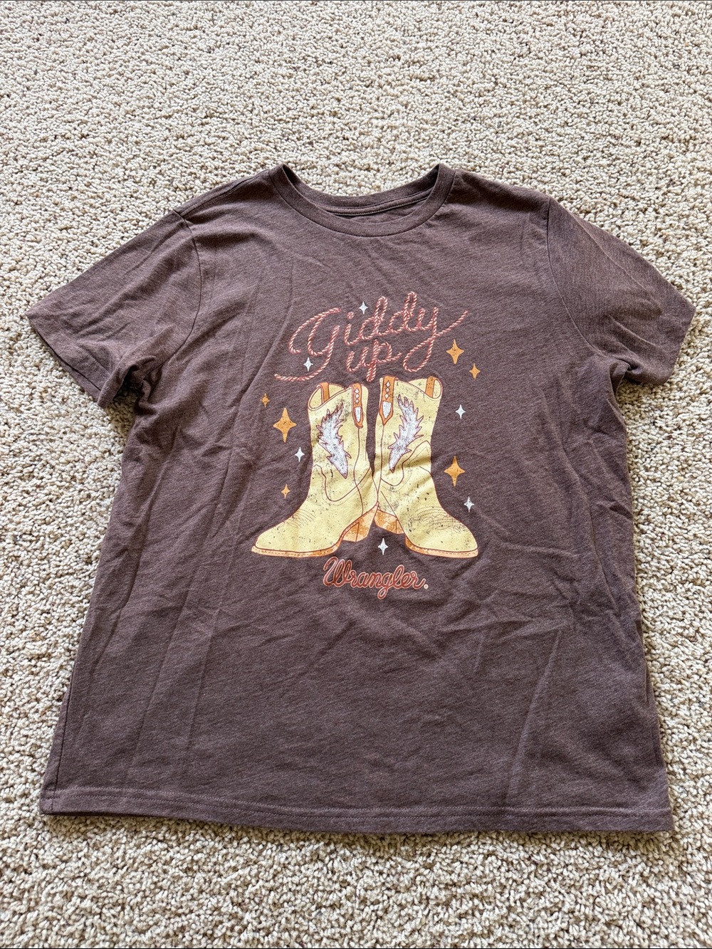 Wrangler women’s  Brown Graphic Tee with Yellow Cowboy Boot Print